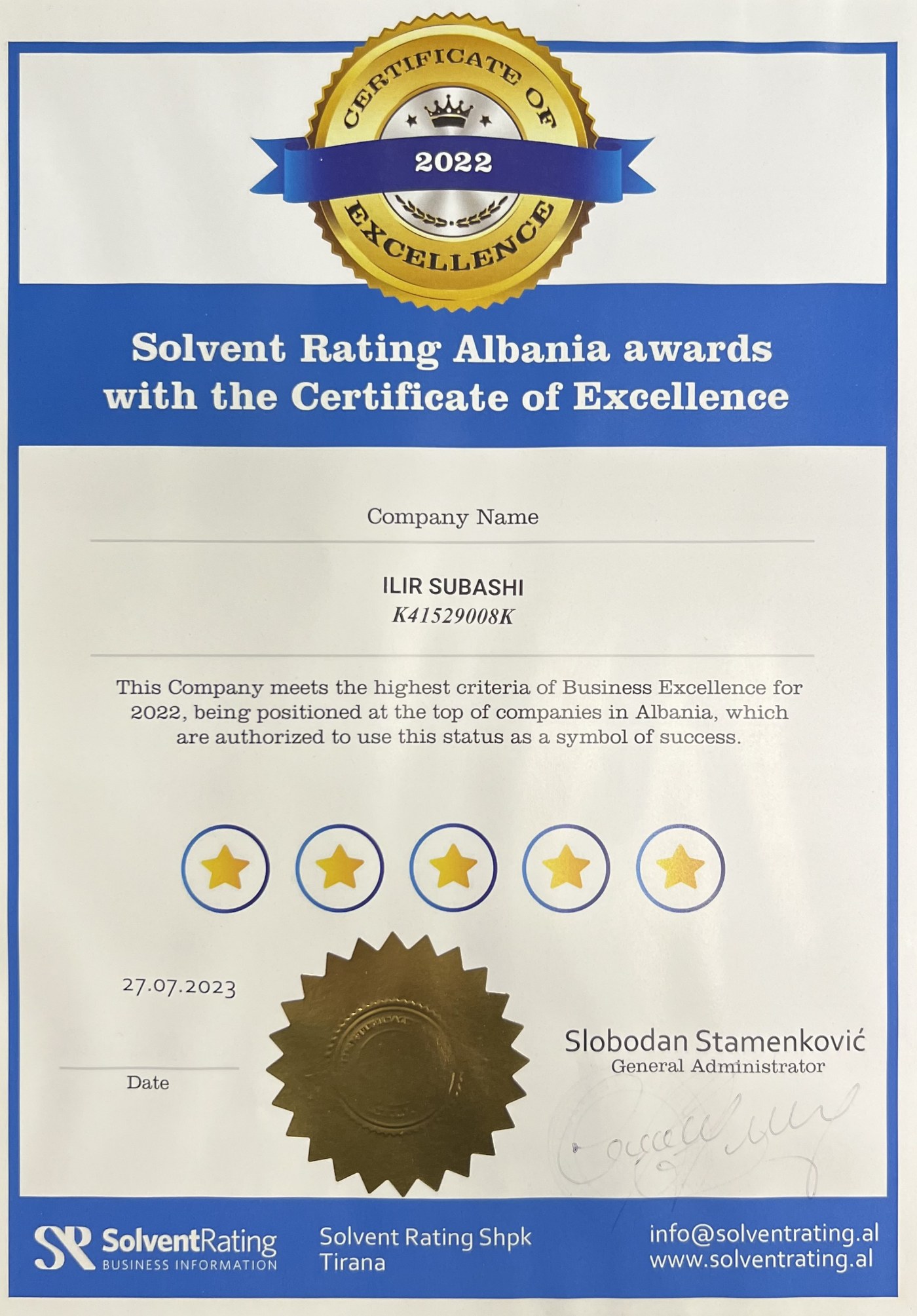 Certificate of Excellence 2022 — Solvent Rating Albania